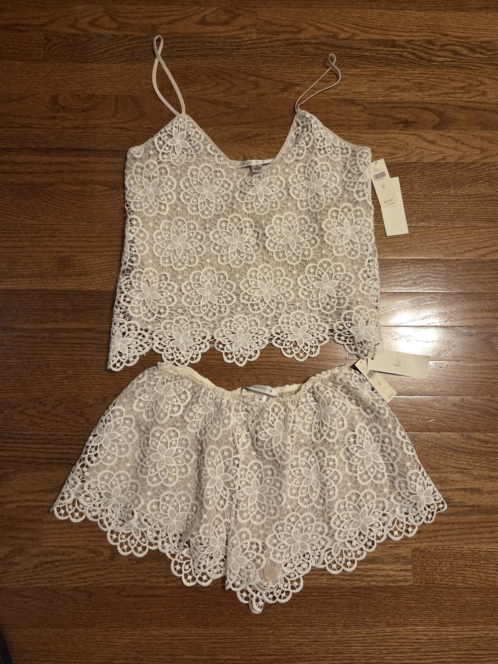 New Anthropologie, RYA Collection Ivory Floral Lace Camisole & Shorts Set, M